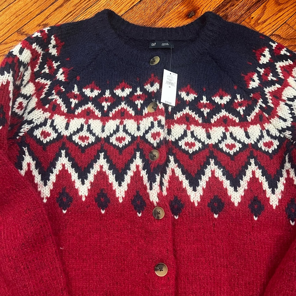 GAP Red Navy Fair Isle Wool Cardigan - Picture 4 of 8